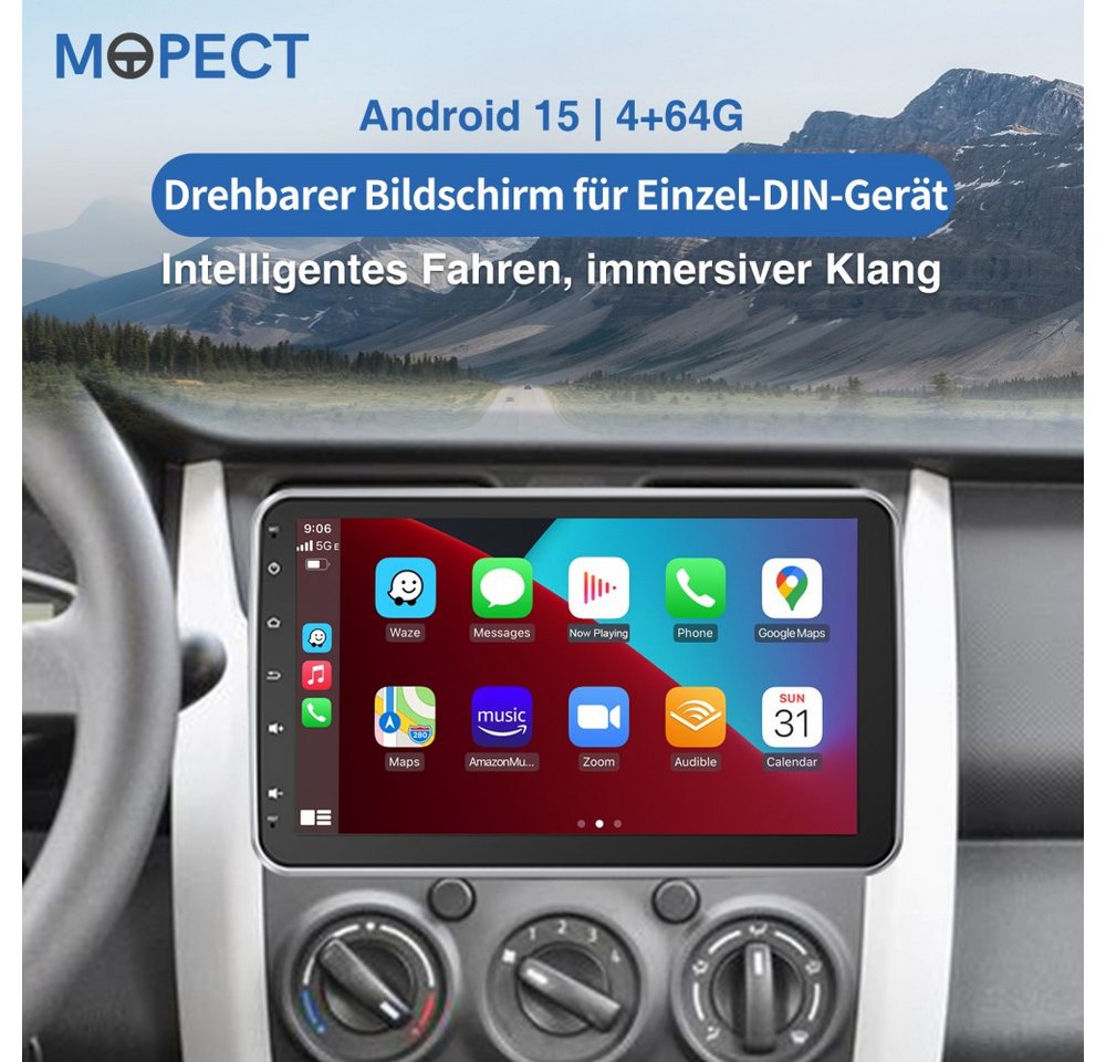 MOPECT 4+64G Android 15 Autoradio 1 DIN 360° Drehbar Bildschirm Carplay Navigationsgerät (Carplay Android Auto Bluetooth FM AM RDS WIFI GPS) – Bild 2 von 5