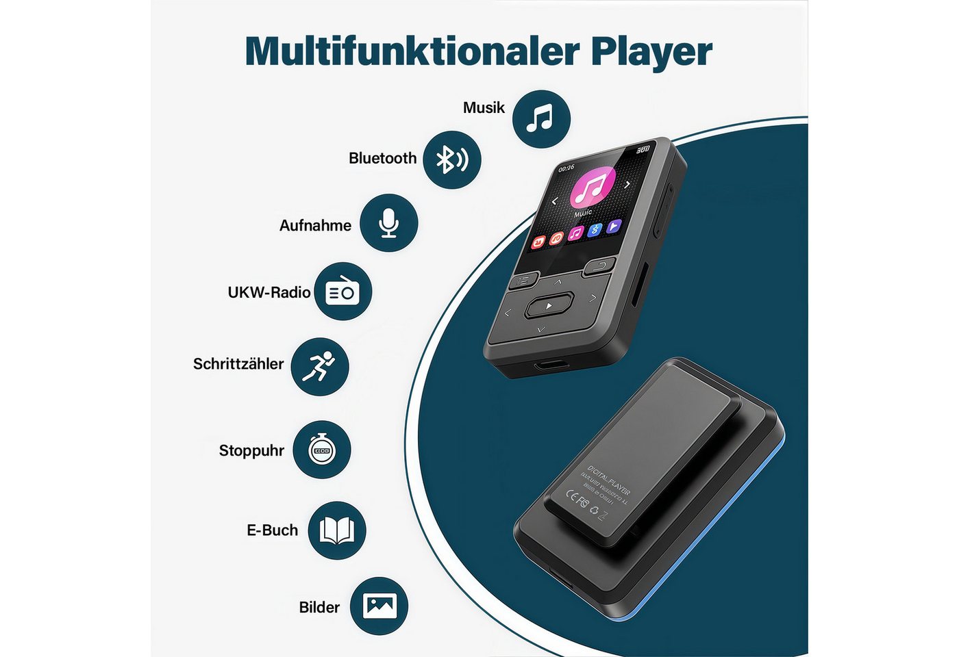 MOPUEA 32GB Clip-MP3-Player Multifunktional mit Bluetooth 5.0,Schrittzähler MP3-Player (32 GB Speicher, Bluetooth 5.0, Clip, HiFi, FM, 21 Std. Laufzeit) – Bild 3 von 5