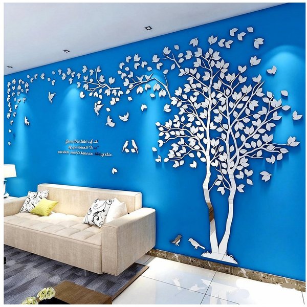 MOPUEA 3D-Wandtattoo 3D-Wandtattoo Dreidimensionaler dekorativer AusAcryl großer Baum Vögel (3D DIY Baum Wandtattoo Wandaufkleber Set, Baum Vögel Blätter Schrif