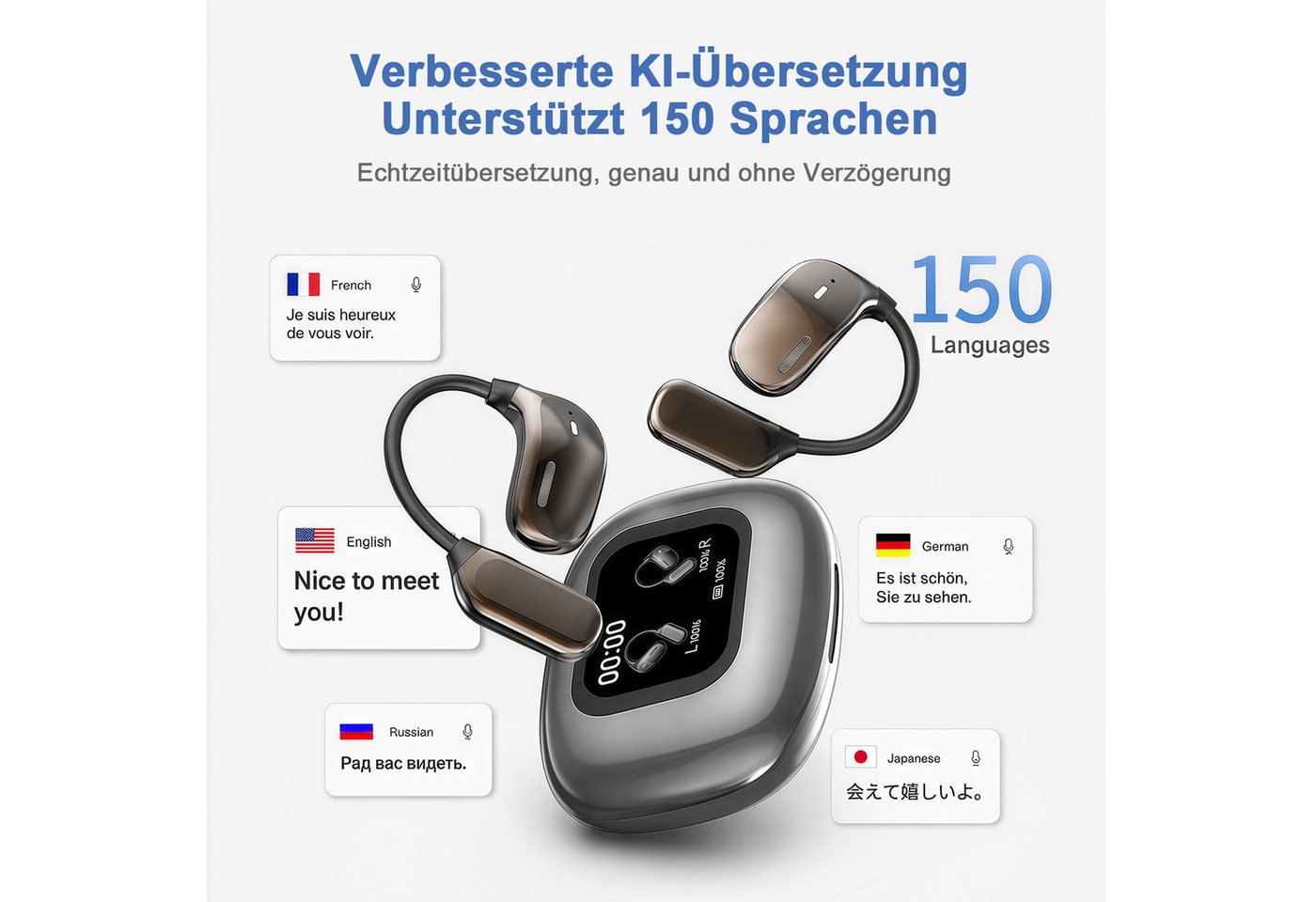 MOPUEA Bluetooth-Kopfhörer mit KI-Übersetzung, kabellos, offene Ohrhörer Bluetooth-Kopfhörer (Touchscreen Übersetzer lange Akkulaufzeit Bass-Sound für Sport Lau – Bild 2 von 5
