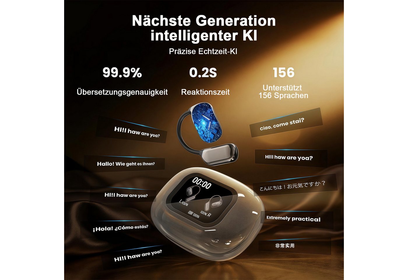 MOPUEA Bluetooth-Kopfhörer mit KI-Übersetzung, kabellos, offene Ohrhörer Bluetooth-Kopfhörer (Touchscreen Übersetzer lange Akkulaufzeit Bass-Sound für Sport Lau – Bild 3 von 5