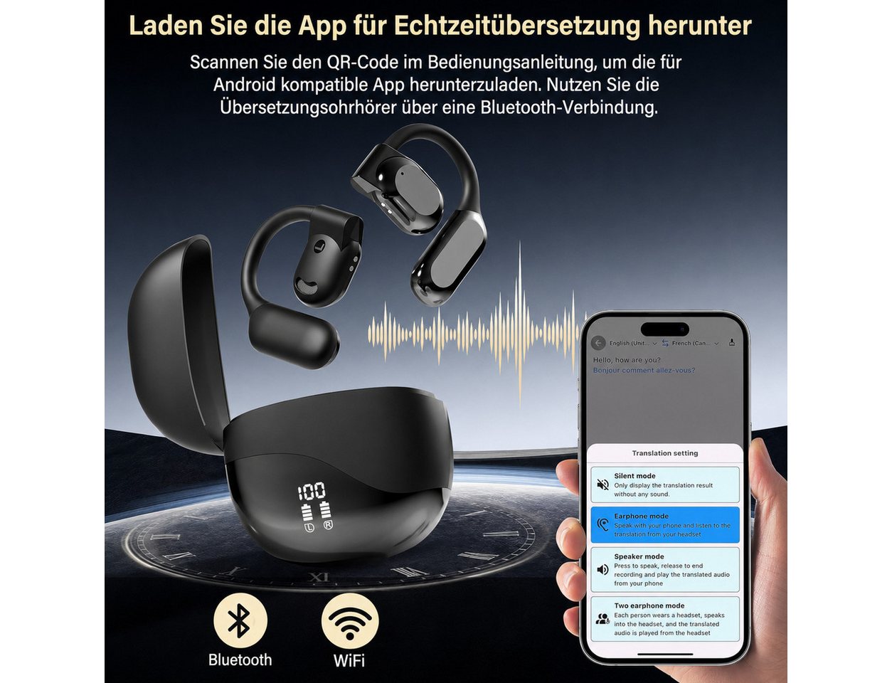 MOPUEA Bluetooth Kopfhörer Übersetzungs Kopfhörer Open-Ear-Kopfhörer Open-Ear-Kopfhörer (Clip-on Sport-Kopfhörer, Bluetooth 5.4, Offenes Ohrclip-Design, Echtzei – Bild 3 von 5