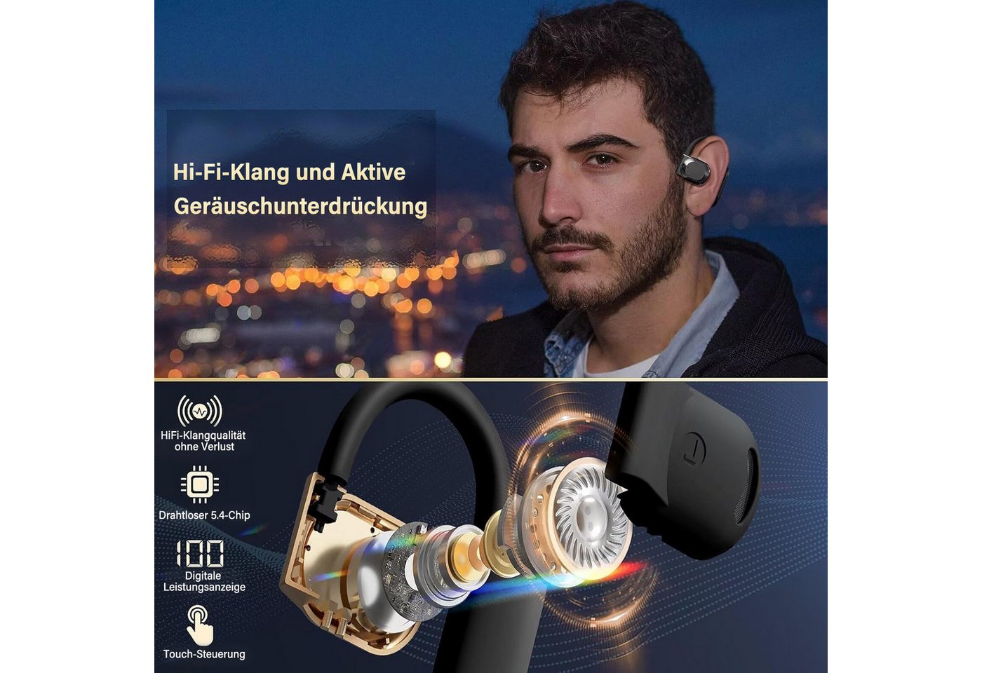 MOPUEA Bluetooth Kopfhörer Übersetzungs Kopfhörer Open-Ear-Kopfhörer Open-Ear-Kopfhörer (Clip-on Sport-Kopfhörer, Bluetooth 5.4, Offenes Ohrclip-Design, Echtzei – Bild 5 von 5