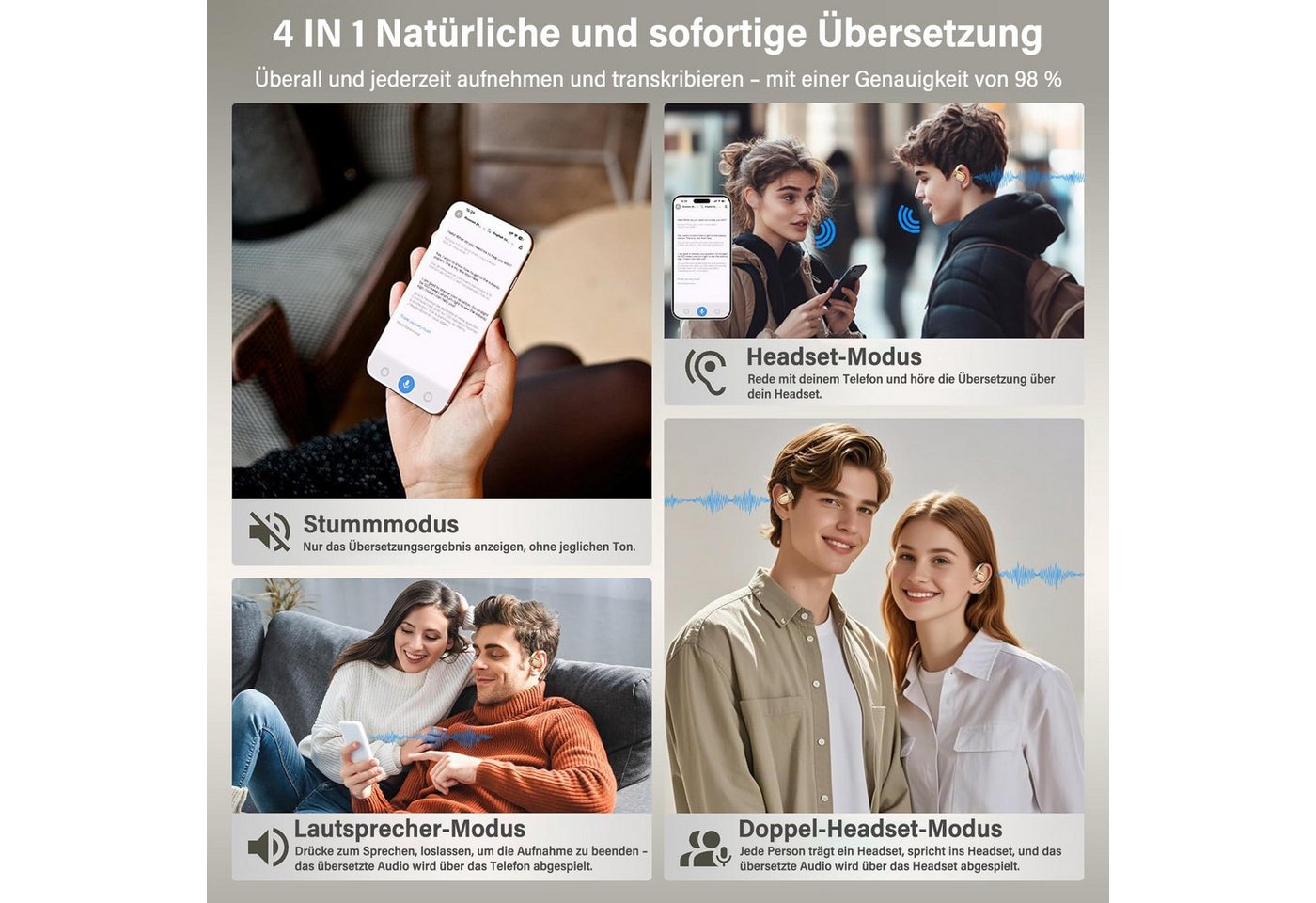 MOPUEA Bluetooth Kopfhörer Übersetzungs Kopfhörer Open-Ear-Kopfhörer Open-Ear-Kopfhörer (Clip-on Sport-Kopfhörer, Bluetooth 5.4, Offenes Ohrclip-Design, Echtzei – Bild 4 von 5