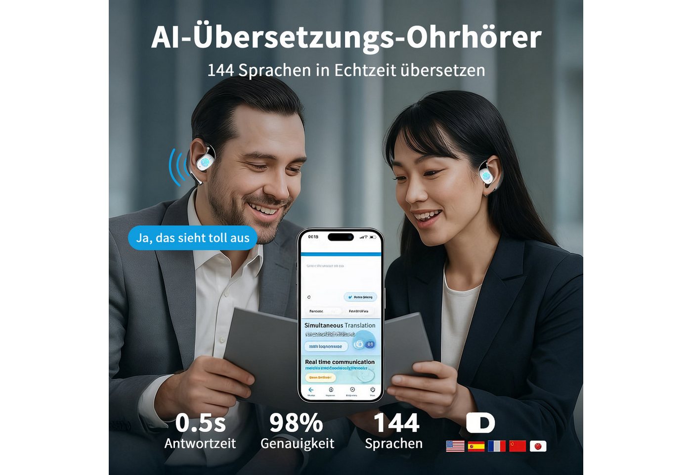MOPUEA Bluetooth Kopfhörer Übersetzungs Kopfhörer Open-Ear-Kopfhörer Open-Ear-Kopfhörer (Clip-on Sport-Kopfhörer, Bluetooth 5.4, Offenes Ohrclip-Design, Echtzei – Bild 2 von 5