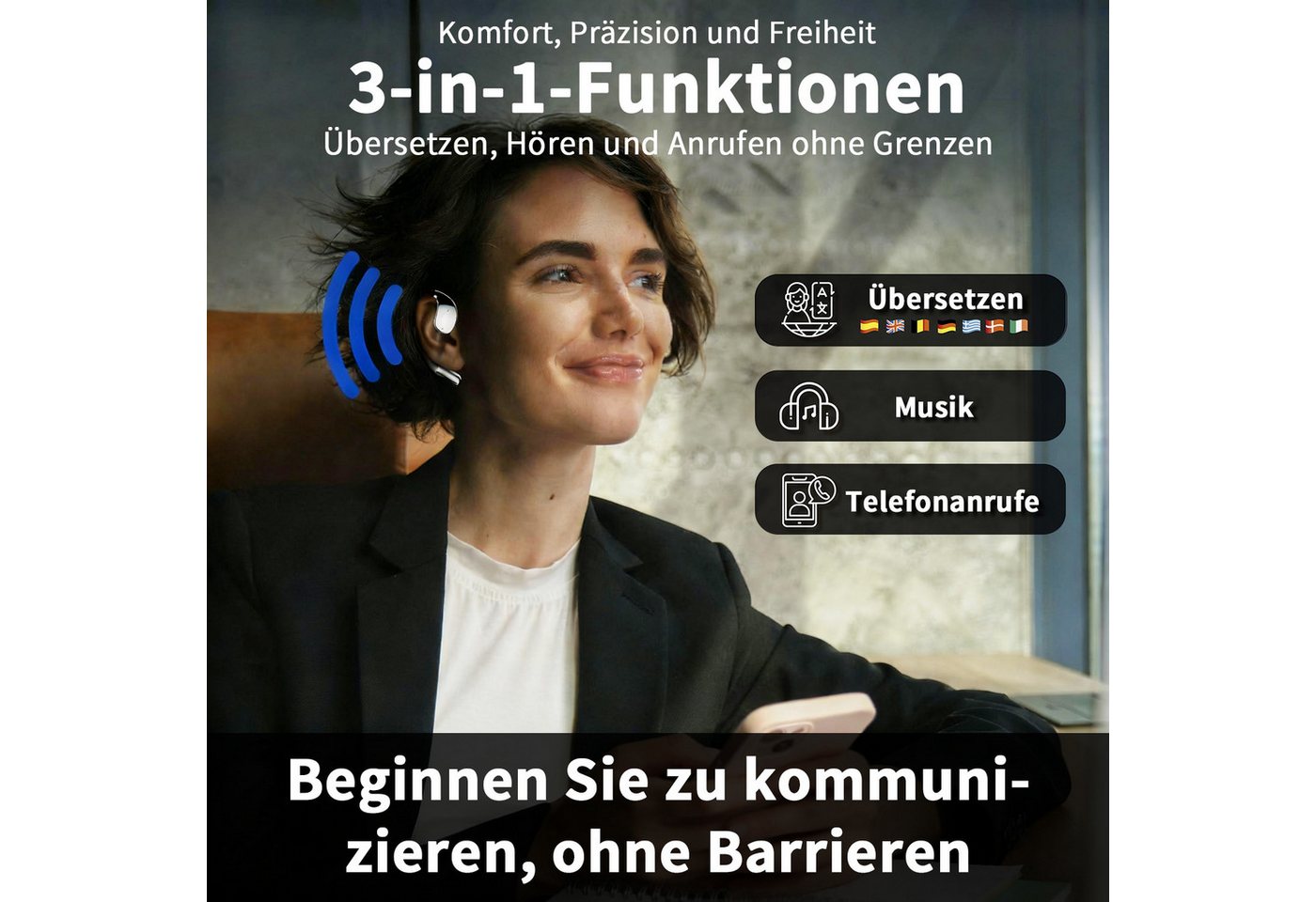 MOPUEA Bluetooth Kopfhörer Übersetzungs Kopfhörer Open-Ear-Kopfhörer Open-Ear-Kopfhörer (Clip-on Sport-Kopfhörer, Bluetooth 5.4, Offenes Ohrclip-Design, Echtzei – Bild 3 von 5