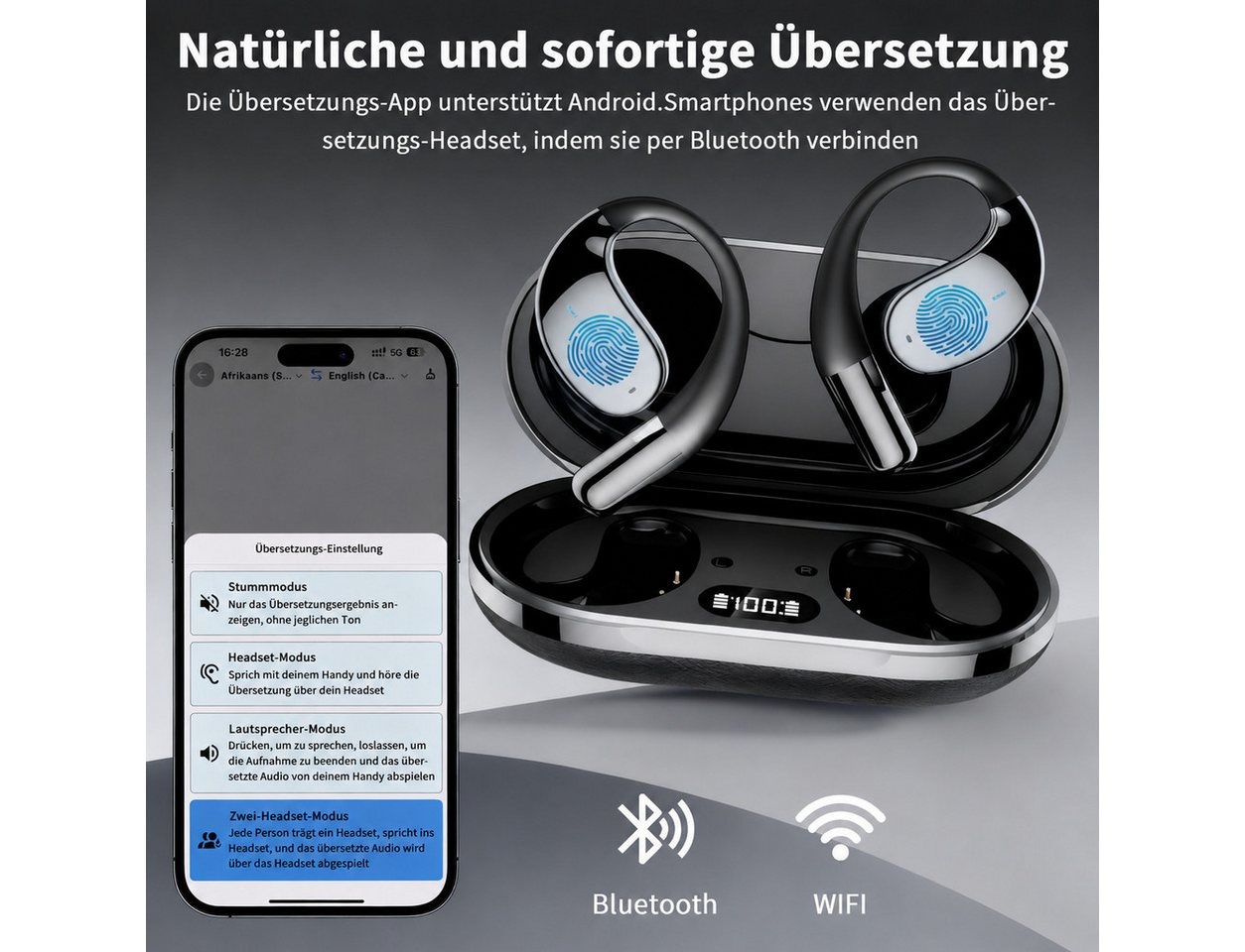 MOPUEA Bluetooth Kopfhörer Übersetzungs Kopfhörer Open-Ear-Kopfhörer Open-Ear-Kopfhörer (Clip-on Sport-Kopfhörer, Bluetooth 5.4, Offenes Ohrclip-Design, Echtzei – Bild 4 von 5