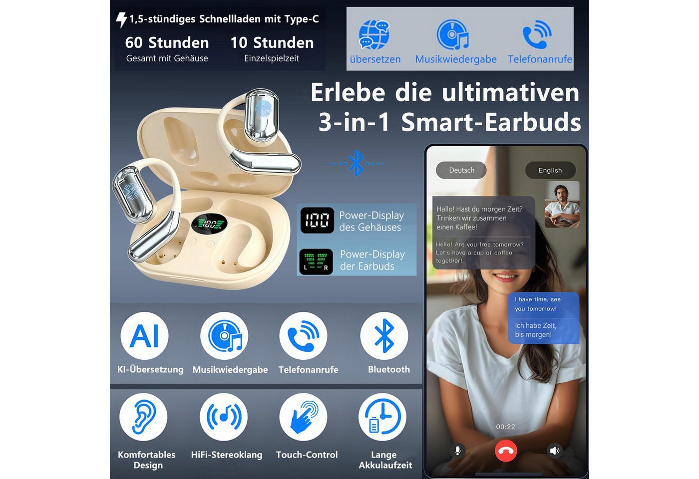 MOPUEA Bluetooth Kopfhörer Übersetzungs Kopfhörer Open-Ear-Kopfhörer Open-Ear-Kopfhörer (Clip-on Sport-Kopfhörer, Bluetooth 5.4, Offenes Ohrclip-Design, IPX7 Wa – Bild 3 von 5