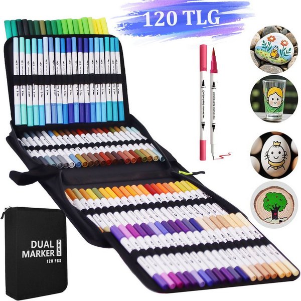 MOPUEA Filzstift 120 Farben Dual Tip Marker Stifte Lackmarker Buntstift, (Doppeltipp-Stifte mit Aufbewahrungstasche, 120-tlg), Pinselstifte Permanentmarker Filz