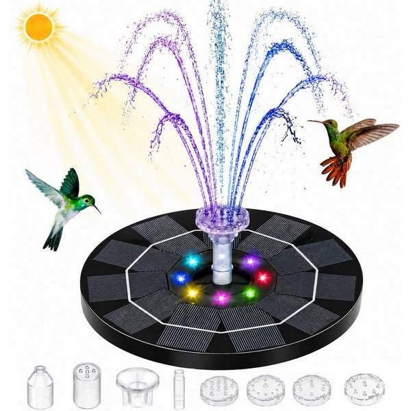 MOPUEA Gartenbrunnen LED Solar Springbrunnen Mit 8 Zubehörteilen Und Sprüheffekten, (1 tlg), 3W Solar Schwimmender Fontäne Pumpe,für Draussen für Garten,VogelBa