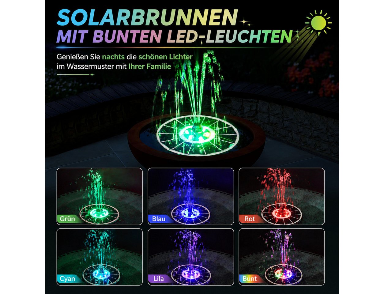 MOPUEA Gartenbrunnen Solar Springbrunnen 3,5W Mit LED Licht Für Vogeltränke Und Garten, (1 tlg), Schwimmender Solar Springbrunnen Mit 8 Düsen Für Vogeltränke, G – Bild 2 von 5