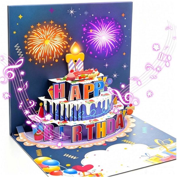 MOPUEA Geburtstagskarte Geburtstagskarte 3D-Pop-Up-Feuerwerk Kuchen variable Lichter und Musik, Verstellbar ergonomisch atmungsaktiv stabil für kleine bis große