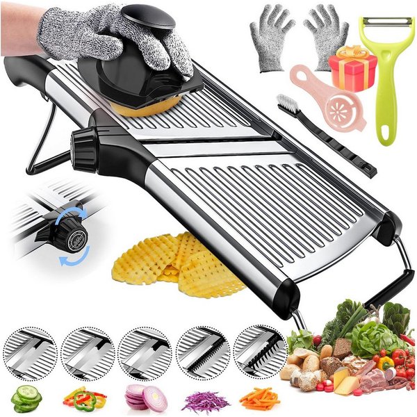 MOPUEA Gemüseschneider Mandoline Gemüsehobel Nicer Dicer mit Handschuhen multifunktional 11ST, Sicher, verstellbar 1-9mm, Edelstahl, rutschfest, leicht zu reini