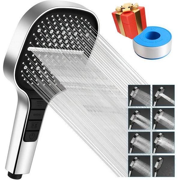 MOPUEA Handbrause Duschkopf Sparduschkopf Wassersparender Mit 8 Strahlarten Universal, (Handbrause mit innovativem 3+1-Tasten-Design und 8 Strahloptionen, Massa