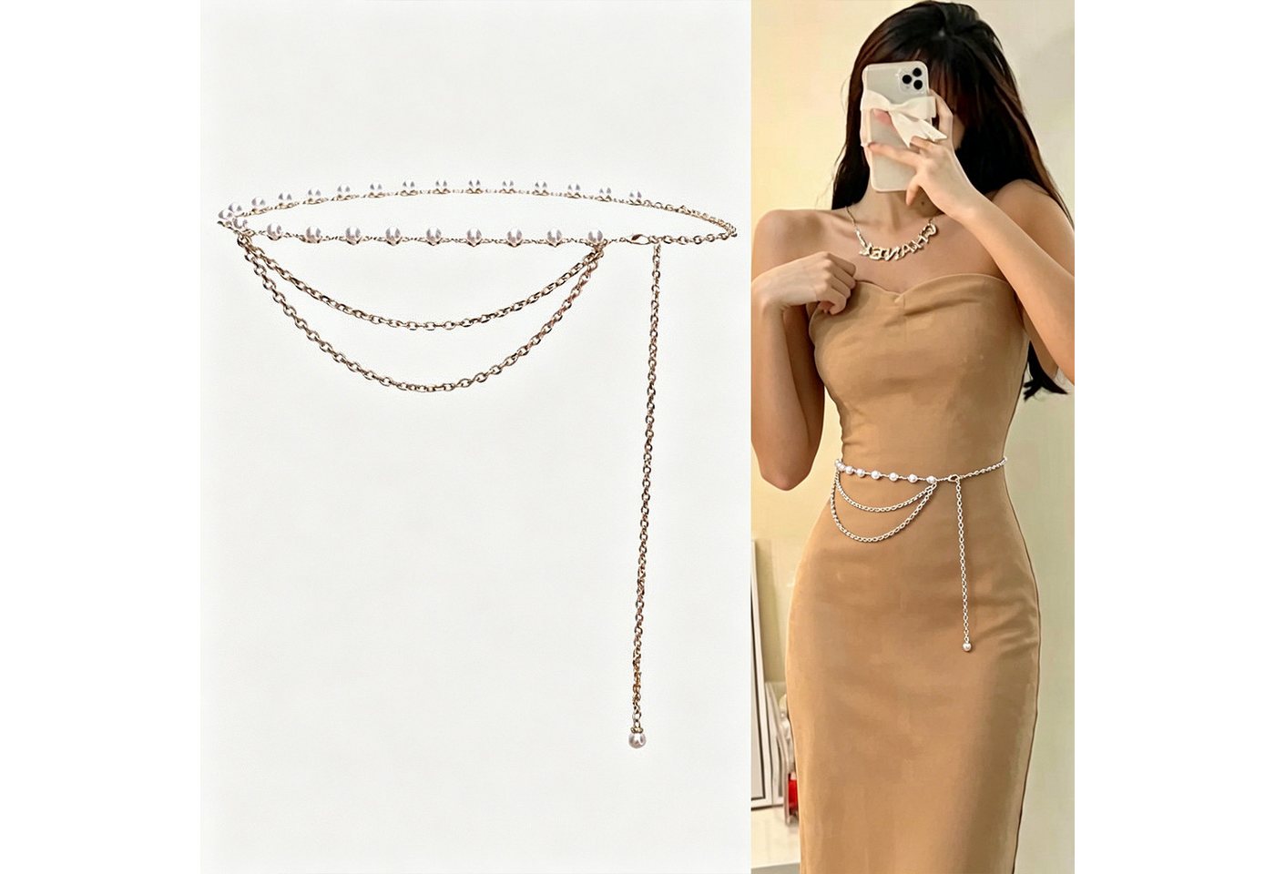 MOPUEA Kettengürtel Kettengürtel Perlen & Strass, verstellbarer Taillengürtel für Damen (Kettengürtel Perlen & Strass, verstellbarer Taillengürtel, Verstellbare – Bild 3 von 5