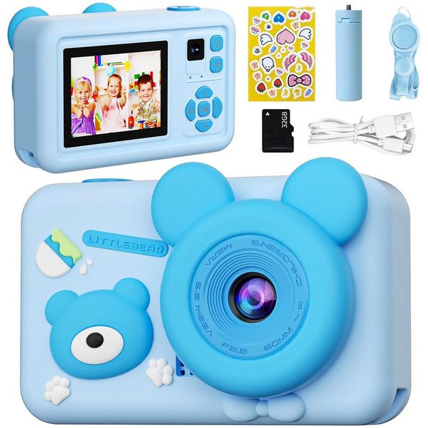 MOPUEA Kinderkamera mit Dualobjektiv, 32GB, 1080P, 2" Display Kinderkamera (inkl. Kinderkamera mit Dualobjektiv, 32GB Speicher und Zubehör, Dualobjektiv, 1080P 