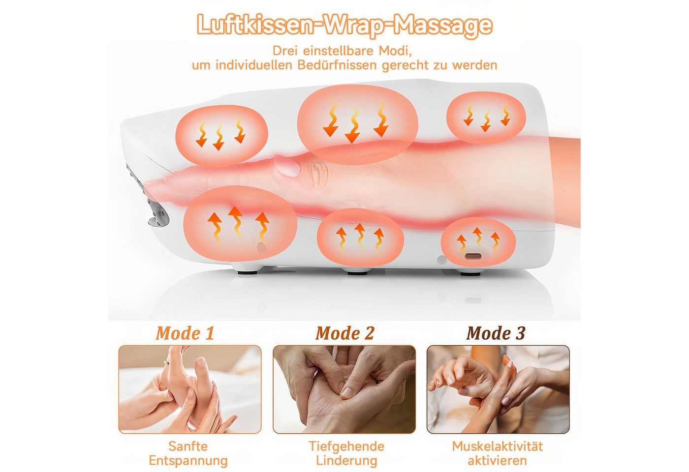 MOPUEA Massagegerät Elektrisches Handmassagegerät, Wärme Luftdruck 5 Intensitäten 3 Modi Timer 1-tlg., Kabellos Wiederaufladbar Tragbar, Für Entspannung Hände A – Bild 3 von 5