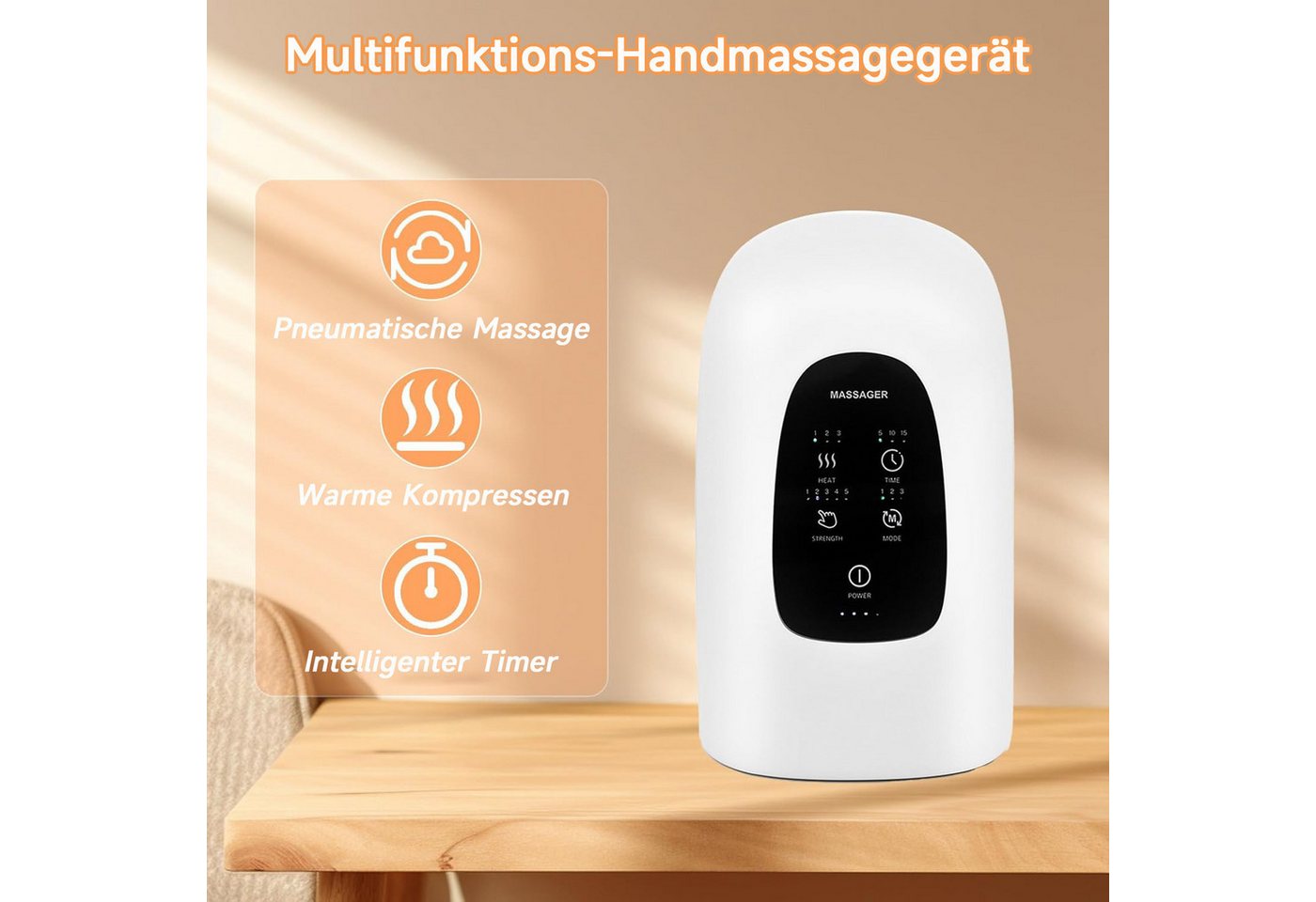 MOPUEA Massagegerät Elektrisches Handmassagegerät, Wärme Luftdruck 5 Intensitäten 3 Modi Timer 1-tlg., Kabellos Wiederaufladbar Tragbar, Für Entspannung Hände A – Bild 4 von 5