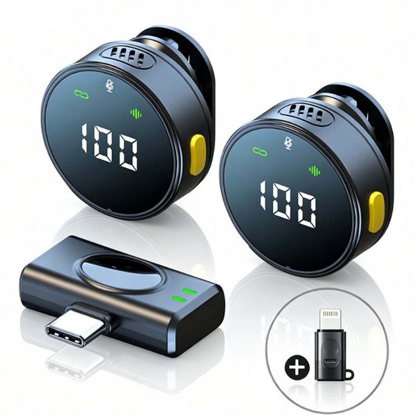 MOPUEA Mikrofon Kabelloses Lavalier Mikrofon Set mit Display & USB-C Empfänger (Mikrofon-Set), DSP-Rauschreduzierung, Display, Plug & Play, 2 Mikrofone