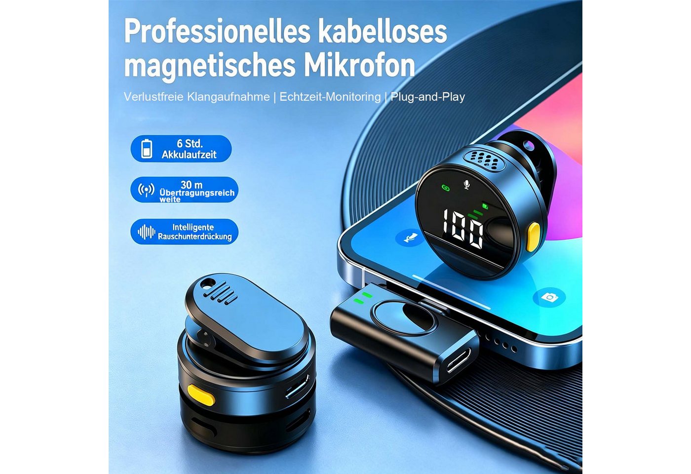MOPUEA Mikrofon Kabelloses Lavalier Mikrofon Set mit Display & USB-C Empfänger (Mikrofon-Set), DSP-Rauschreduzierung, Display, Plug & Play, 2 Mikrofone – Bild 2 von 5
