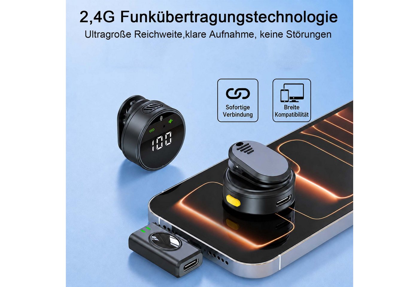 MOPUEA Mikrofon Kabelloses Lavalier Mikrofon Set mit Display & USB-C Empfänger (Mikrofon-Set), DSP-Rauschreduzierung, Display, Plug & Play, 2 Mikrofone – Bild 3 von 5