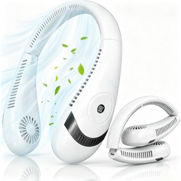 MOPUEA Mini USB-Ventilator Faltbarer LED-Display-Halsventilator, Tragbarer, blattloser Ventilator, 5000 mAh, 3 stufen, USB, für Reisen, Outdoor, Büro und Campin