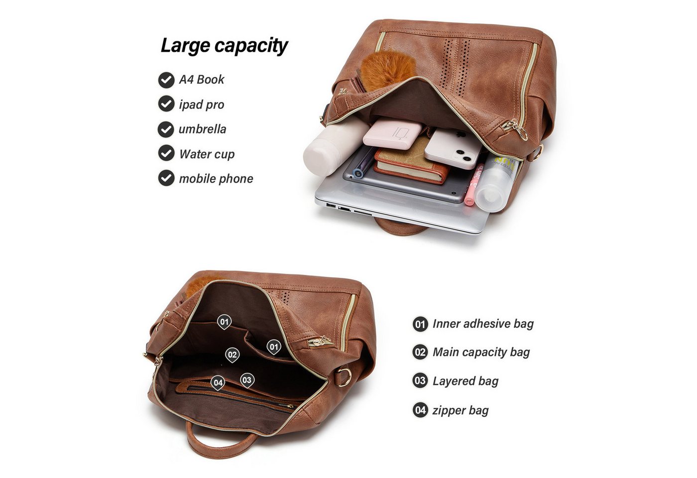 MOPUEA Rucksack Kunstleder Freizeitrucksack Reiserucksack mit Anhänger Wasserdicht – Bild 2 von 5