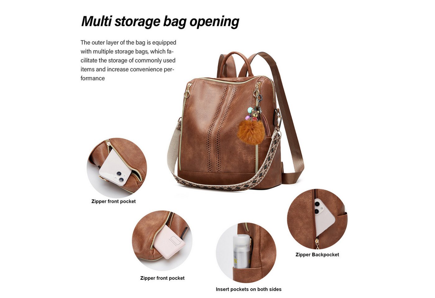 MOPUEA Rucksack Kunstleder Freizeitrucksack Reiserucksack mit Anhänger Wasserdicht – Bild 3 von 5