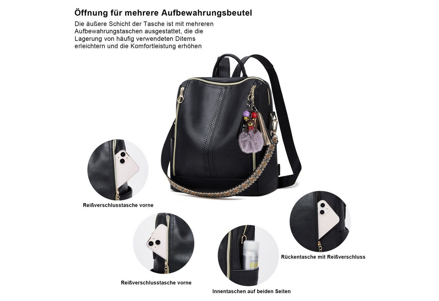 MOPUEA Rucksack Kunstleder Freizeitrucksack Reiserucksack mit Anhänger Wasserdicht – Bild 4 von 5