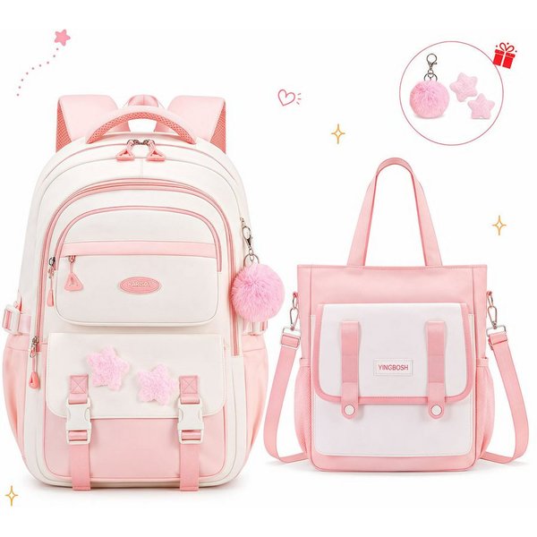 MOPUEA Schulrucksack Schulrucksack Mädchen, Großes Fassungsvermögen (Mit Trolleyband, Pom-Pom-Anhänger und Sternenabzeichen, Bequem, 2-tlg., Lässiger Rucksack f