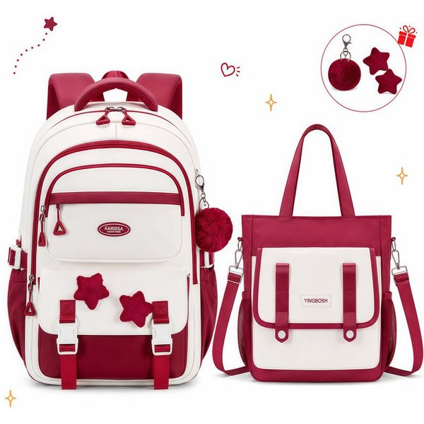 MOPUEA Schulrucksack Schulrucksack Mädchen, Großes Fassungsvermögen (Mit Trolleyband, Pom-Pom-Anhänger und Sternenabzeichen, Bequem, 2-tlg., Lässiger Rucksack f