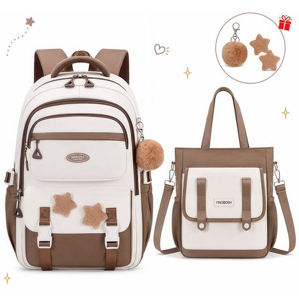 MOPUEA Schulrucksack Schulrucksack Mädchen, Großes Fassungsvermögen (Mit Trolleyband, Pom-Pom-Anhänger und Sternenabzeichen, Bequem, 2-tlg., Lässiger Rucksack f