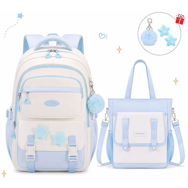MOPUEA Schulrucksack Schulrucksack Mädchen, Großes Fassungsvermögen (Mit Trolleyband, Pom-Pom-Anhänger und Sternenabzeichen, Bequem, 2-tlg., Lässiger Rucksack f
