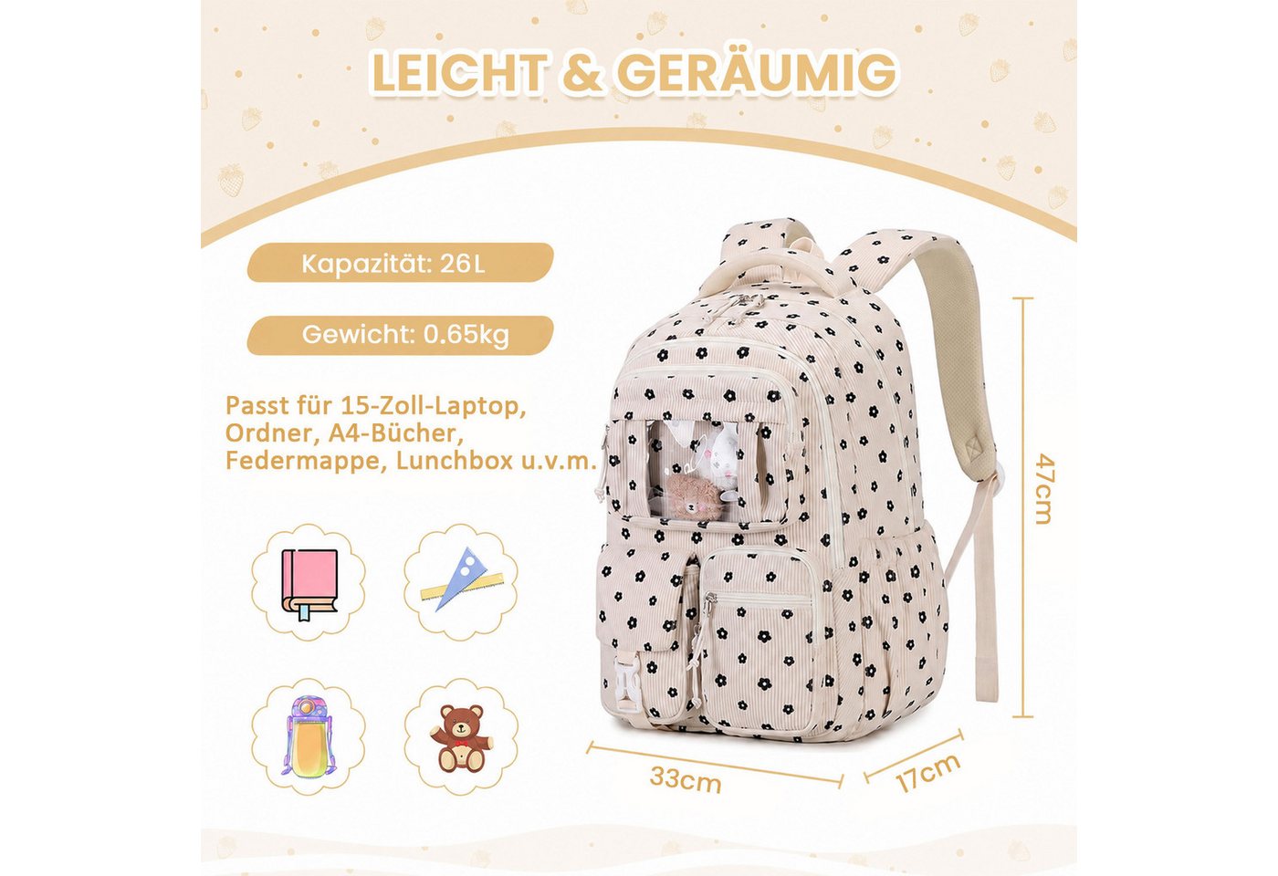 MOPUEA Schulrucksack Mädchen Schulrucksack Rucksack Schultasche Büchertasche Cordstoff (Freizeitrucksack für Schule Freizeit Reisen), Turnbeutel Lässiger Schulr – Bild 2 von 5