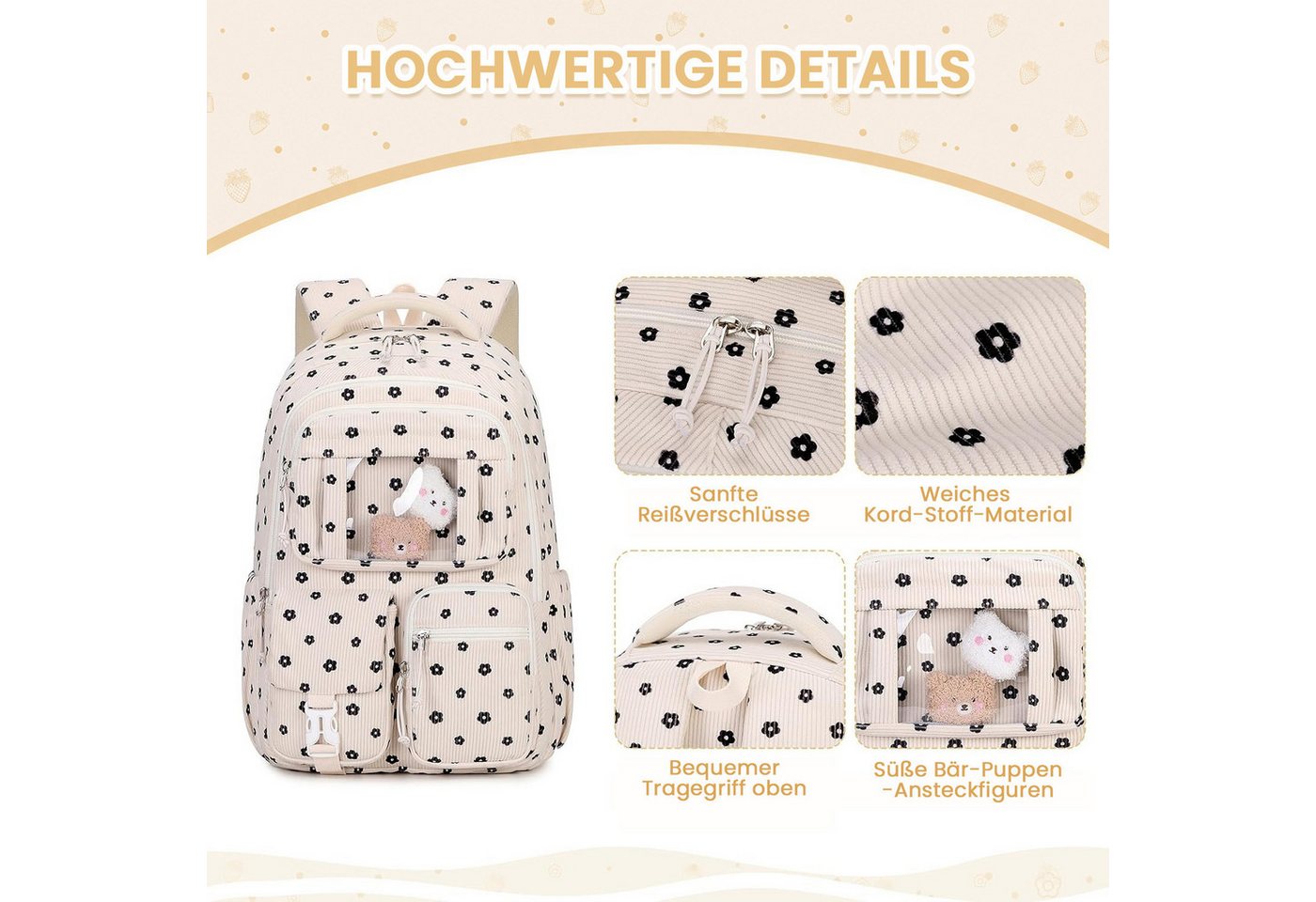 MOPUEA Schulrucksack Mädchen Schulrucksack Rucksack Schultasche Büchertasche Cordstoff (Freizeitrucksack für Schule Freizeit Reisen), Turnbeutel Lässiger Schulr – Bild 4 von 5