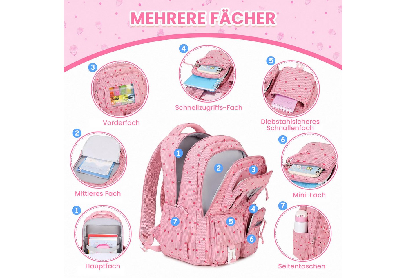 MOPUEA Schulrucksack Mädchen Schulrucksack Rucksack Schultasche Büchertasche Cordstoff (Freizeitrucksack für Schule Freizeit Reisen), Turnbeutel Lässiger Schulr – Bild 3 von 5