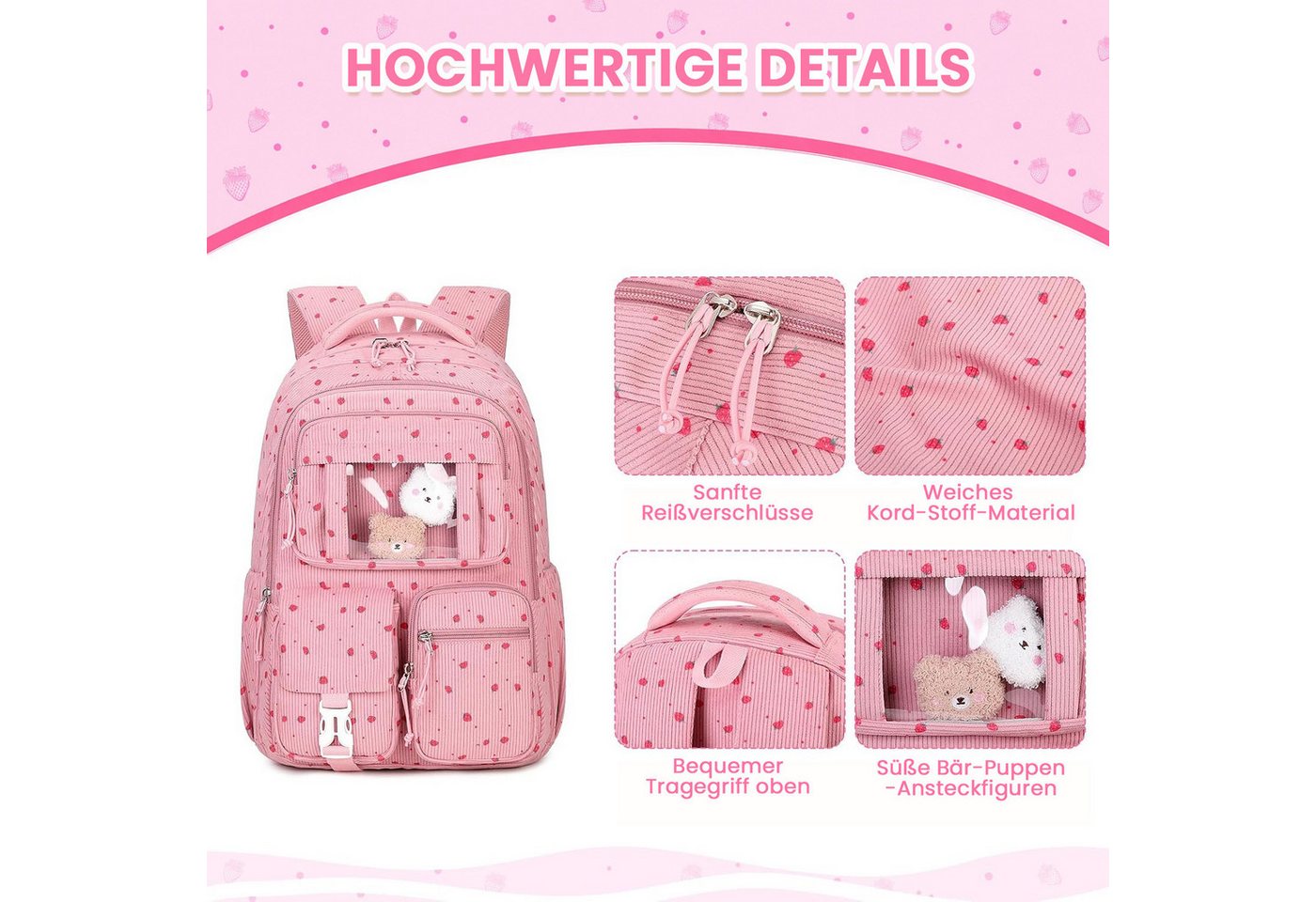 MOPUEA Schulrucksack Mädchen Schulrucksack Rucksack Schultasche Büchertasche Cordstoff (Freizeitrucksack für Schule Freizeit Reisen), Turnbeutel Lässiger Schulr – Bild 4 von 5