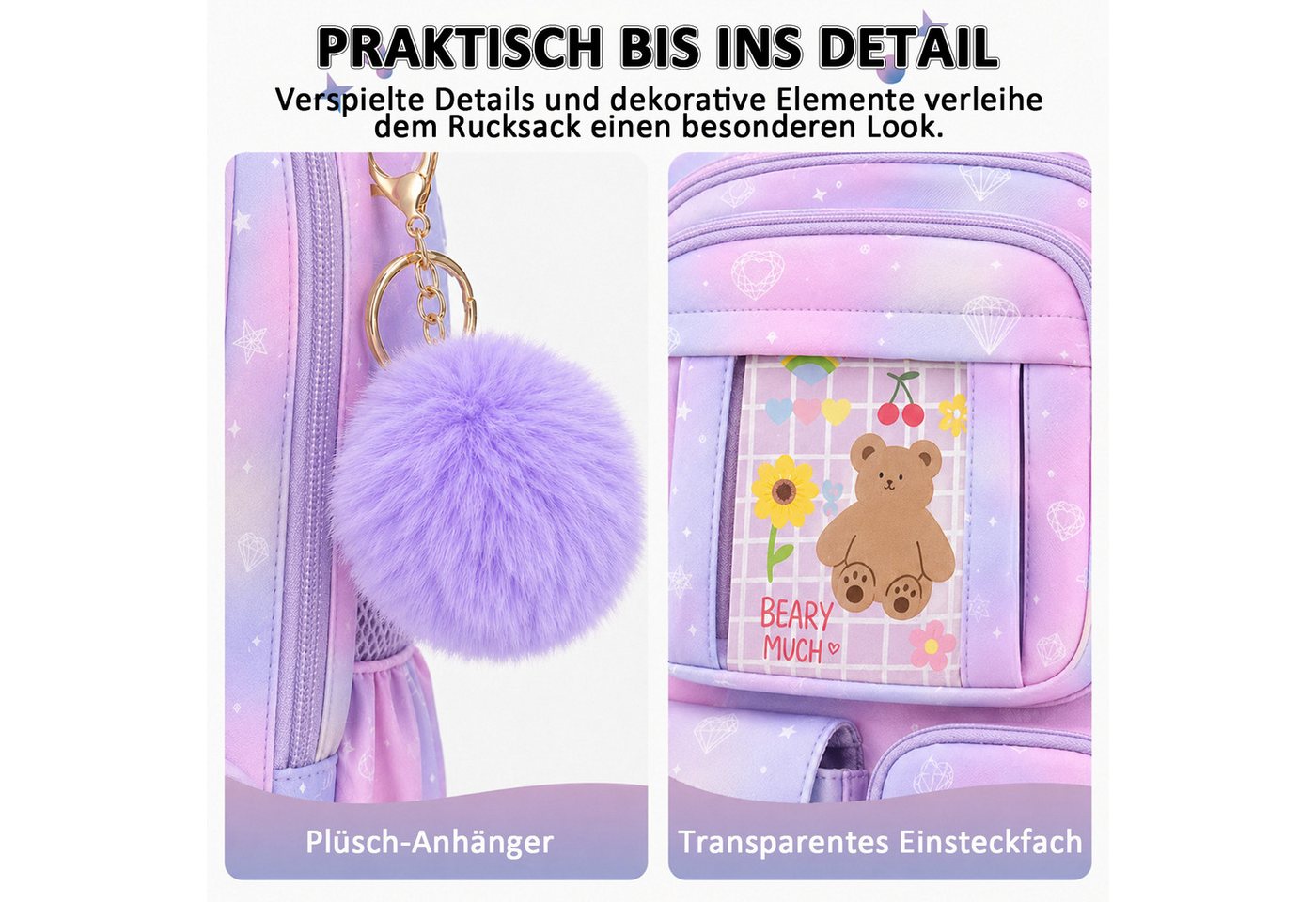 MOPUEA Schulrucksack Schulrucksack Rucksack mit viele Fächer, wasserabweisend (Schulrucksack-Set, Schulrucksack mit mehreren Fächern und Seitentaschen), 3D-Rück – Bild 4 von 5