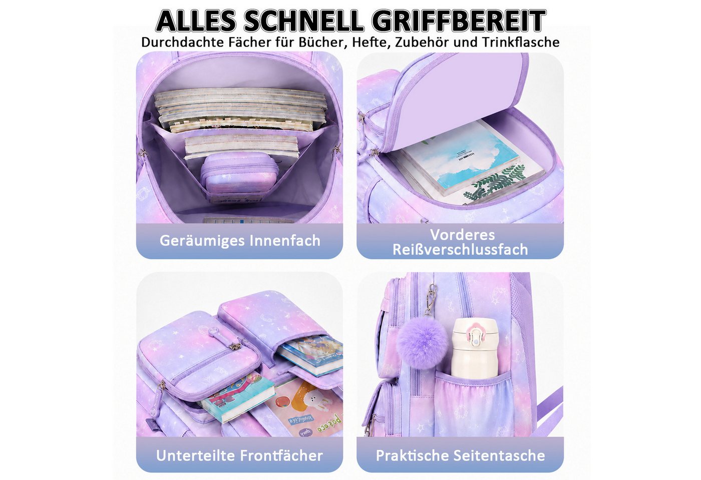 MOPUEA Schulrucksack Schulrucksack Rucksack mit viele Fächer, wasserabweisend (Schulrucksack-Set, Schulrucksack mit mehreren Fächern und Seitentaschen), 3D-Rück – Bild 5 von 5