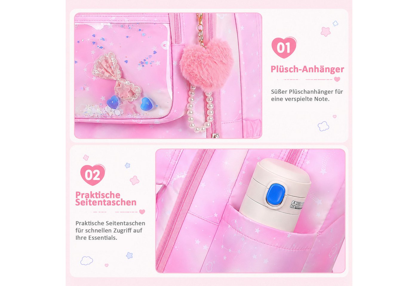 MOPUEA Schulrucksack Schulrucksack Set 3-teilig, Rucksack mit Lunch-Tasche und Mäppchen (3-teiliges Schulrucksack-Set mit Lunch-Tasche und Federmäppchen im Set, – Bild 4 von 5