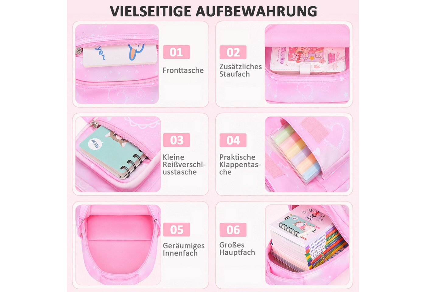 MOPUEA Schulrucksack Schulrucksack Set 3-teilig, Rucksack mit Lunch-Tasche und Mäppchen (3-teiliges Schulrucksack-Set mit Lunch-Tasche und Federmäppchen im Set, – Bild 5 von 5