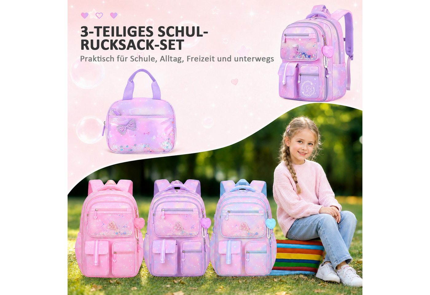 MOPUEA Schulrucksack Schulrucksack Set 3-teilig, Rucksack mit Lunch-Tasche und Mäppchen (3-teiliges Schulrucksack-Set mit Lunch-Tasche und Federmäppchen im Set, – Bild 5 von 5