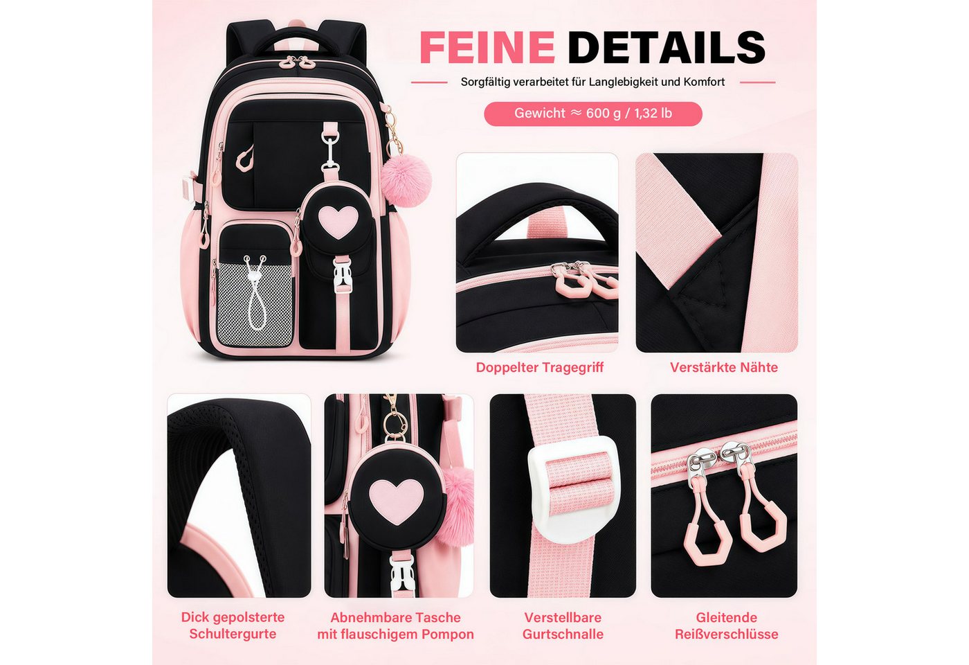 MOPUEA Schulrucksack Schulrucksack Set 3-tlg Wasserabweisend Ergonomisch mit Viele Fächer (3-teiliges Schulrucksack Set für Schule und Freizeit, 3-teiliges Schu – Bild 4 von 5