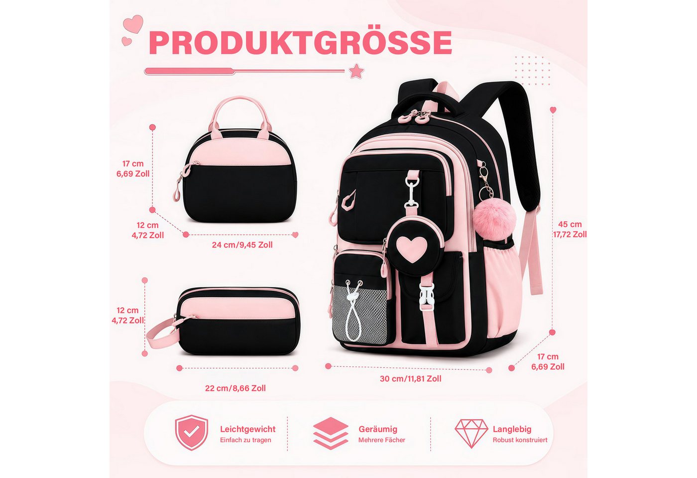 MOPUEA Schulrucksack Schulrucksack Set 3-tlg Wasserabweisend Ergonomisch mit Viele Fächer (3-teiliges Schulrucksack Set für Schule und Freizeit, 3-teiliges Schu – Bild 5 von 5