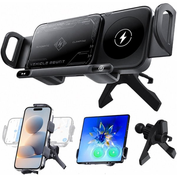 MOPUEA Smartphone-Halterung 2-in-1 Foldable Car Phone Holder & Wireless Charger, Drehbare, (15W Dual Coils Fast Charger Auto,Induktion Doppelspule Kabellose Kfz
