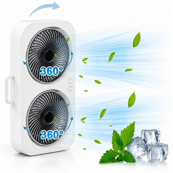 MOPUEA Standventilator 90° Drehbar Doppelkopf Ventilator Luftzirkulator USB Tischventilator, 3 Windstufen Mit Handyhalterung Stand- & Wandmontage Akku Leise