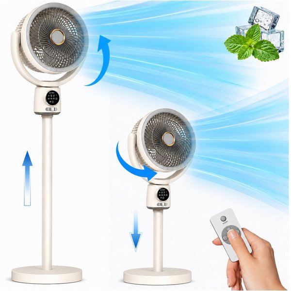 MOPUEA Standventilator Standventilator Tischventilator 5Stufen Fernbedienung höhenverstellbar, 5 Windstufen, 140° Oszillation, 9-h-Timer, Nachtlicht und Akkubet