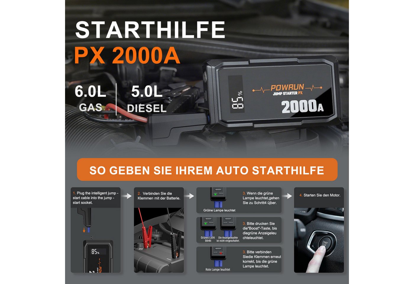 MOPUEA Starthilfe Powerbank 2000A mit LED, LCD, USB, Auto Batterie Booster Autobatterie-Ladegerät (10000 mA, Einzelartikel, 1× Starthilfe, Kabel, Tasche, USB-Ka – Bild 3 von 5