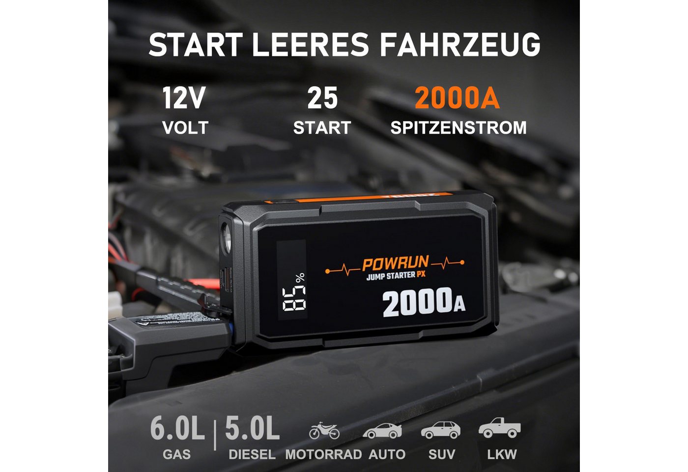 MOPUEA Starthilfe Powerbank 2000A mit LED, LCD, USB, Auto Batterie Booster Autobatterie-Ladegerät (10000 mA, Einzelartikel, 1× Starthilfe, Kabel, Tasche, USB-Ka – Bild 4 von 5