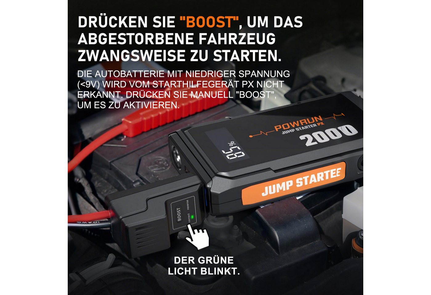 MOPUEA Starthilfe Powerbank 2000A mit LED, LCD, USB, Auto Batterie Booster Autobatterie-Ladegerät (10000 mA, Einzelartikel, 1× Starthilfe, Kabel, Tasche, USB-Ka – Bild 5 von 5